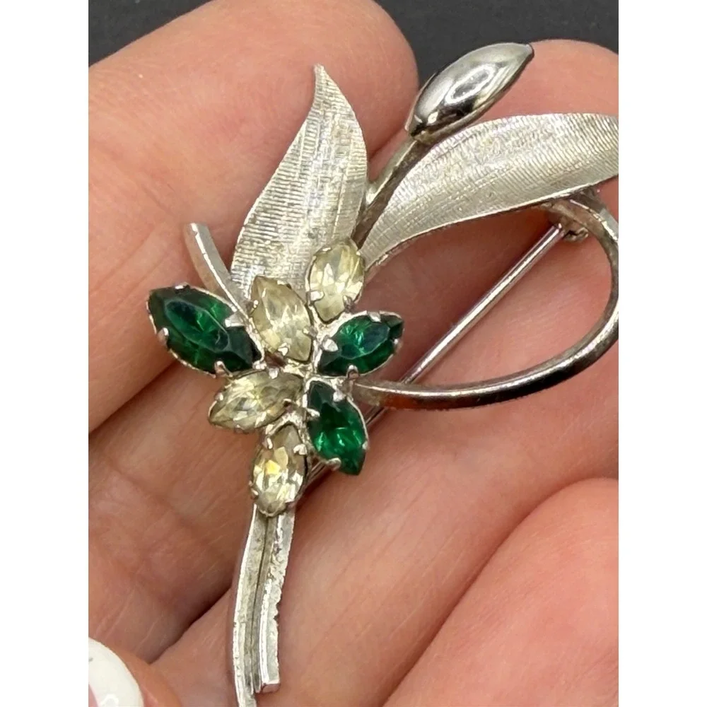 Vintage STAR ART Sterling Silver Flower Spray Brooch Pin Green Rhinestone 1950s